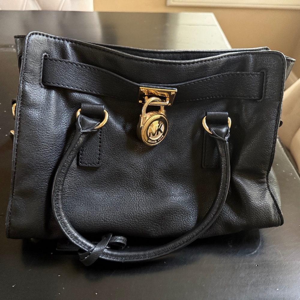 Michael Kors Lock Black/Gold Hardware Leather Satchel Shoulder Bag